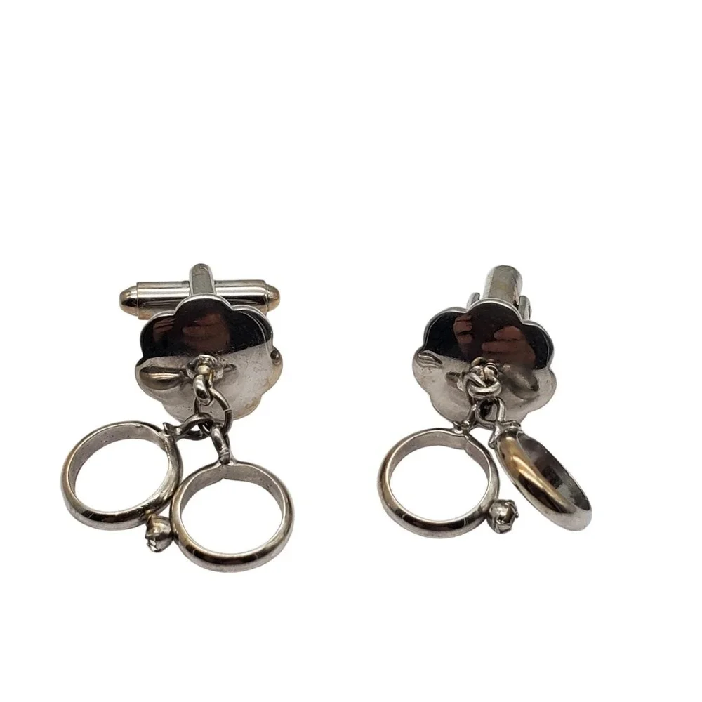 Silver Tone Wedding Ring Cufflinks Double Band Vintage Groom Mens Anniversary